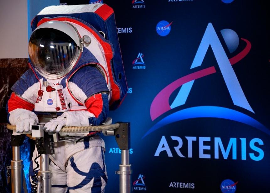 1176061222 A space suit is seen during a press conference displaying the next generation of space suits as parts of the Artemis program in Washington, DC on October 15, 2019. (Photo by Andrew CABALLERO-REYNOLDS / AFP) (Photo by ANDREW CABALLERO-REYNOLDS/AFP via Getty Images)